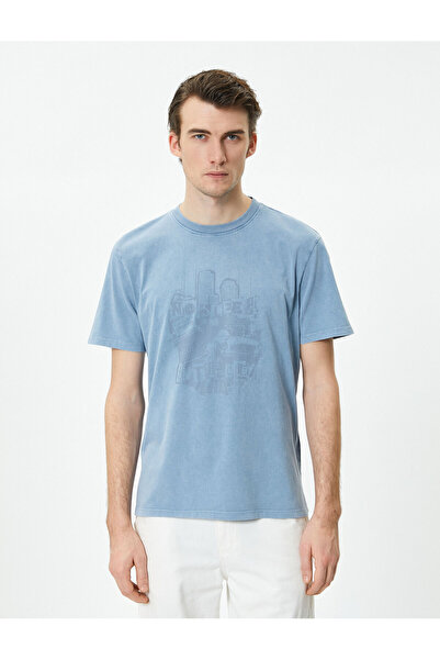 Koton Baskılı Tişört Yıkamalı Bisiklet Yaka Kısa Kollu