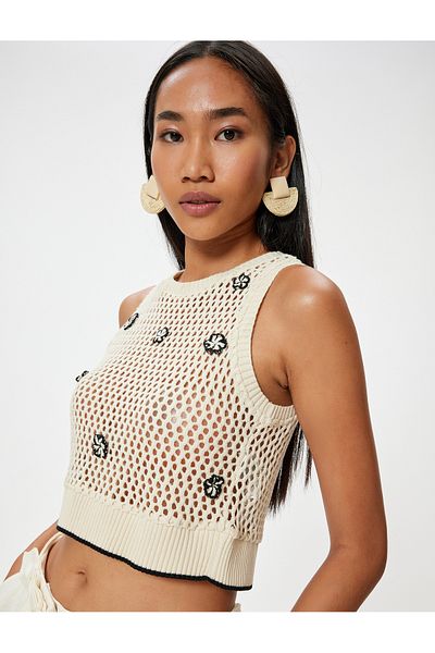 Koton Sleeveless Crop Crochet - Round Neck with Floral Applique