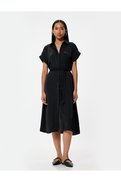 Koton Aerobin Saten Midi Boy Gömlek Elbise Kısa Kollu Kemerli Kloş Etek