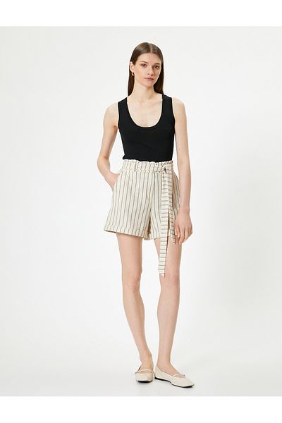 Koton High Waist Pocketed Linen Blended Striped Shorts
