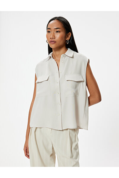 Koton Crepe Fabric Sleeveless Shirt - Covered Pocket Detail