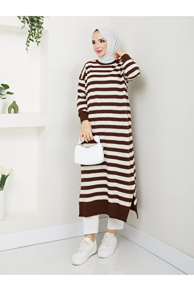 MODAMÜNASİP Υπέροχο ριγέ πλεκτό φόρεμα