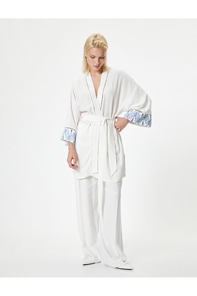 Koton Linen Oversize Kimono - Long, Belt Detailed, Floral Pattern