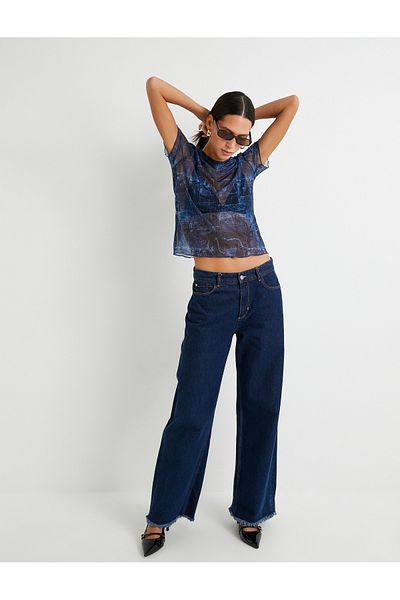 Koton Transparentes T-Shirt Jeans-Look Kurzarm Rundhals