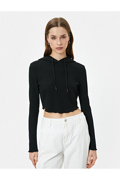 Koton Kapüşonlu Tişört Baskılı Crop Uzun Kollu