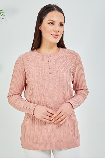 Elçelya Moda Anne Kazak Pudra Merserize Esnek Likralı Düğme Detaylı Bluz Kazak
