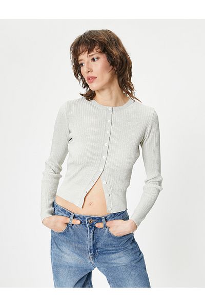 Koton Cardigan din tricotaj cu snur cu sclipici metalic - Decolteu, cu nasturi