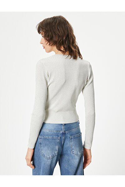 Koton Metallic Glitter Corded Knitwear Cardigan - Crew Neck, Buttoned