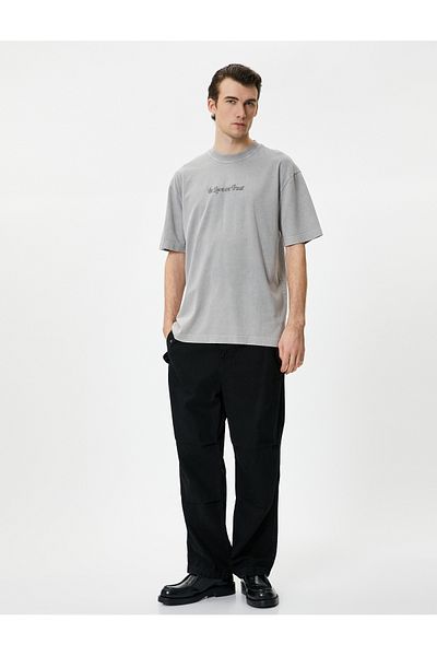 Koton Washable T-Shirt Slogan Embroidered Crew Neck Short Sleeve