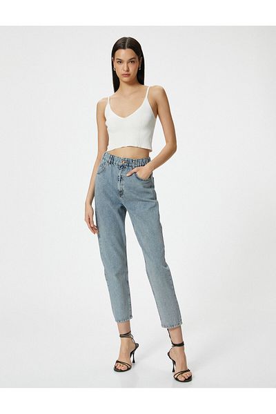 Koton Blugi Mom Fit cu talie elastică Buzunar din bumbac cu tăietură relaxată - Blugi Mom