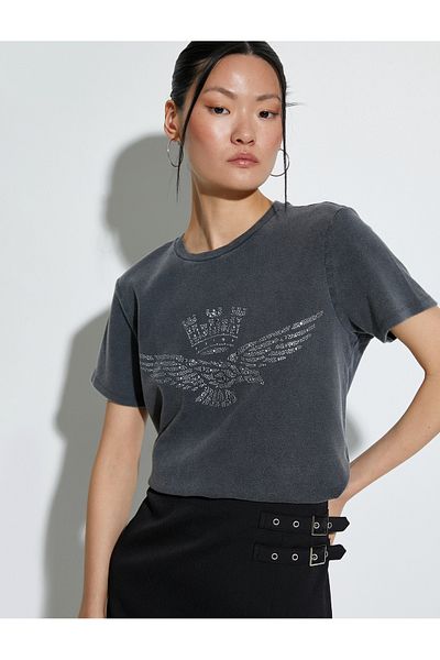 Koton Short Sleeve T-Shirt Shiny Stone Crew Neck Cotton