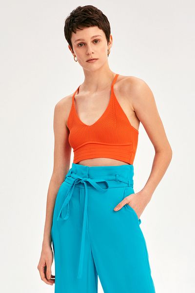 Perspective İllas Slim Fit V-Collar Strap Orange Color Women's Knitwear Crop Blouse