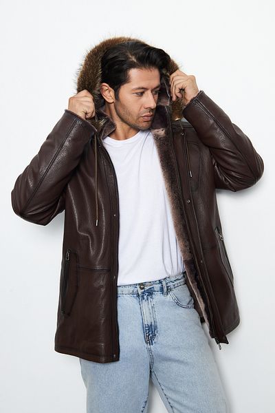 By Marki Marki Men's Brown Genuine Leather Coat - Furry Hood, Fur Inside, Zippered and Buttoned