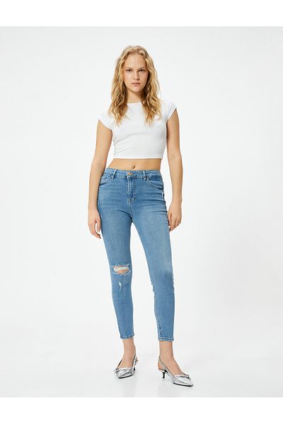 Koton Slim-Fit-Jeans mit hoher Taille und ausgefransten Taschen, Stretch-Baumwolle - Carmen Skinny Jeans