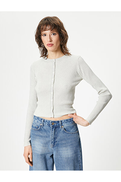Koton Metallic Glitter Corded Knitwear Cardigan - Crew Neck, Buttoned