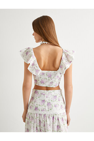 Koton Crop Hřebenatka Květinový Top Nabíraná Bavlna