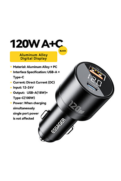 Choice شاحن سيارة أسود من إيساجر بقوة 120 واط بتقنية الشحن السريع PD، يدعم تق...