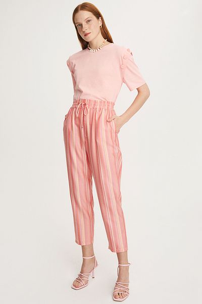 Perspective Naomi Regular Fit Ankle Length Striped Patterned Mid Waist Pink Color Women's Trousers
