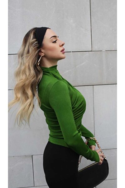 Maison La Femme Πράσινη αμμώδης μπλούζα με μακρυμάνικο μισό λαιμό