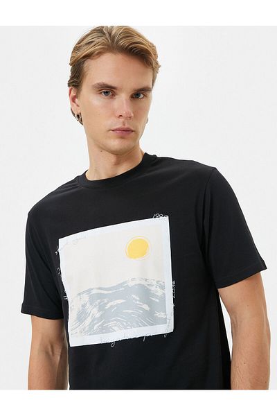 Koton Printed T-Shirt Slim Fit Slogan Crew Neck Short Sleeve