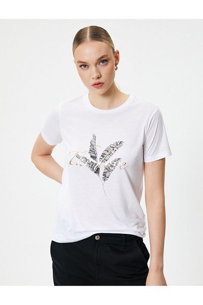 Koton Bedrucktes T-Shirt Rundhals Kurzarm Viskosemischung