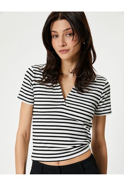 Koton Glitter Polo Neck T-Shirt Short Sleeve Ribbed Standard Fit