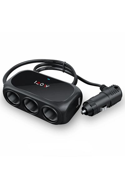 Choice محول ولاعة سجائر للسيارة بمنفذ USB مزدوج 3 في 1 بقوة 120 وات أسود 12 فولت 24 فولت مع شاحن سريع بمصباح LED