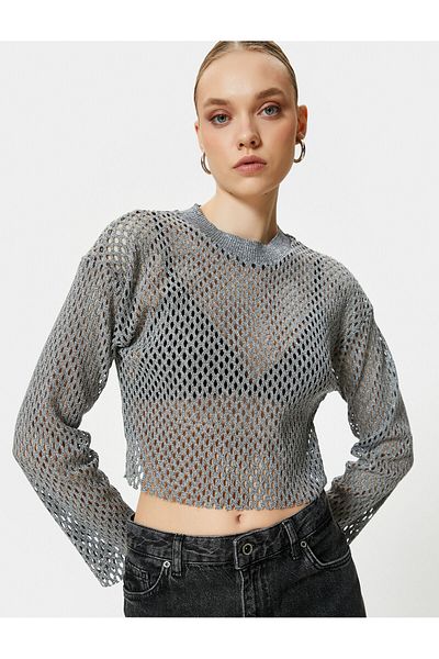 Koton Tricou Crop Croșetat Mânecă lungă Metallic Lurex Crew Deck Ajurat