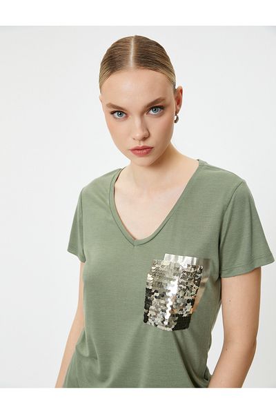 Koton V-Neck T-Shirt Sequined Short Sleeve