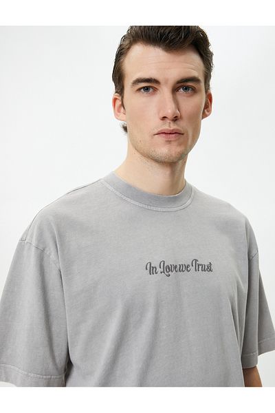 Koton Washable T-Shirt Slogan Embroidered Crew Neck Short Sleeve