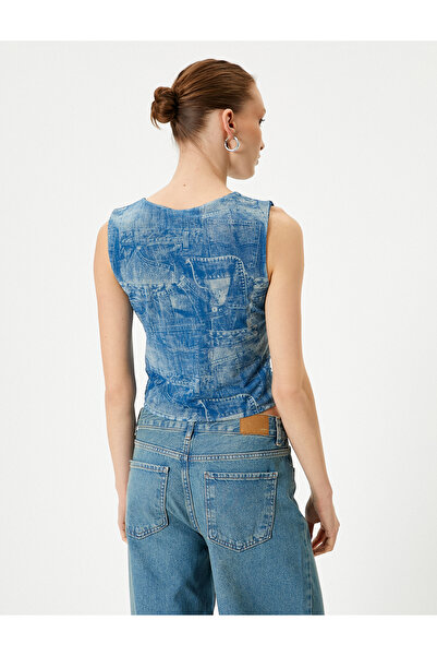 Koton Denim Look Top Crop Gathered Crew Neck