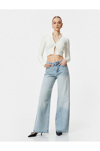 Koton Crop Cardigan Zippered Stand Collar Corded Viscose Mixed