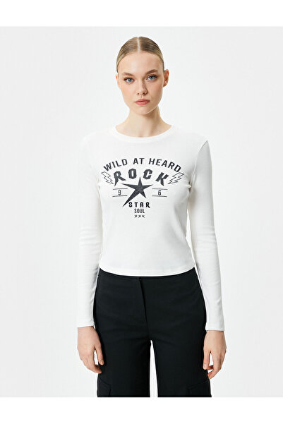 Koton Langarm-T-Shirt mit Slogan-Aufdruck, Rundhalsausschnitt, Baumwolle