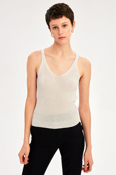 Perspective İllas Slim Fit V-Collar Strap Short Ecru Color Women's Knitwear Blouse