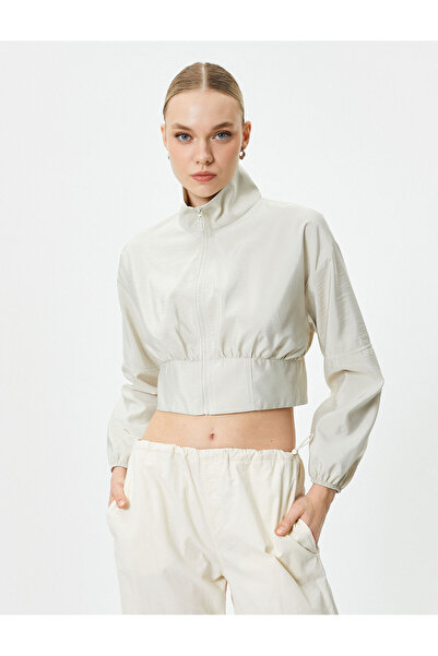 Koton Crop Bomber Jacket Zippered Stand Collar
