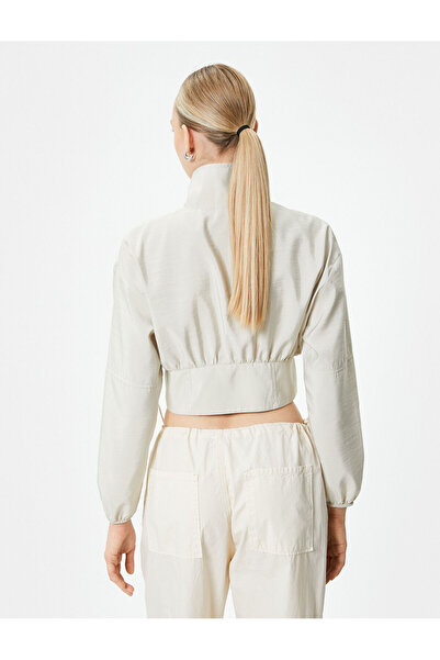 Koton Crop Bomber Jacket Zippered Stand Collar