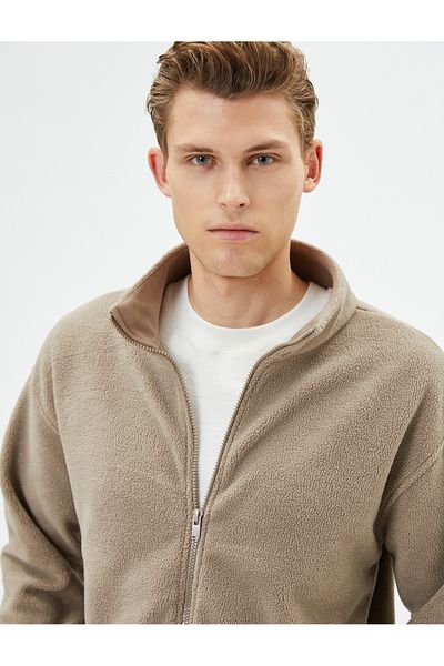 Koton Plush Jacket Kangaroo Pocket Zippered Stand Collar