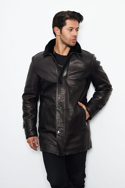 By Marki Marki Men's Black Genuine Leather Coat - Fur, Zip and Button
