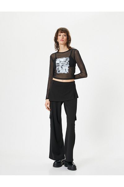 Koton Tricou transparent imprimat cu mânecă lungă și decolteu