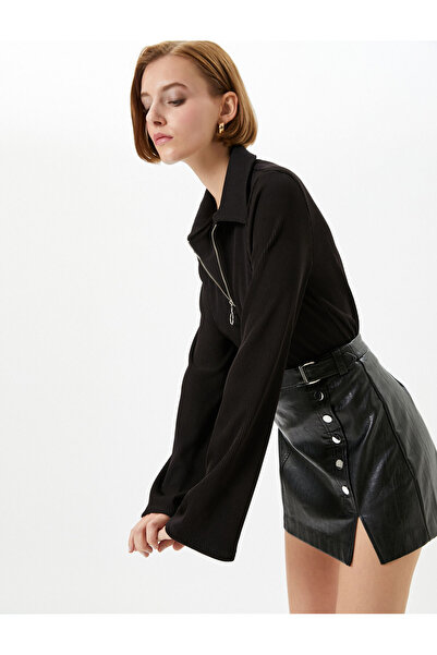 Koton Polo Yaka Tişört Yarım Fermuarlı Fitilli Uzun Kollu