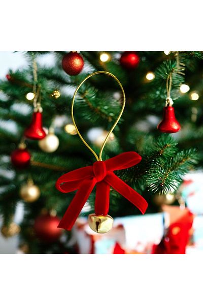 Partifabrik New Year's Red Bow Velvet Christmas Luxury Tree Ornament with Bell 5 Pieces