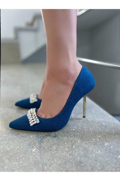 EVASAMLİSHOESBAG Taşlı Tokalı Topuklu Ayakkabı Mavi