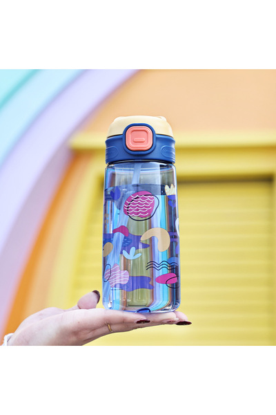 Livava Patterned Water Bottle with Strap and Straw, Blue, 20X7-