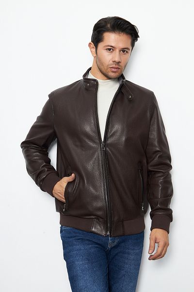 By Marki Marki Men's Brown Genuine Leather Jacket - Zippered, Vintage Style, Prevailing Collar