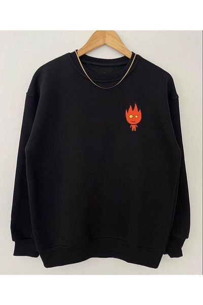 Moda Glo Oversize Black Fire Water Printed 0-Neck Hoodless Cotton Sweatshirt