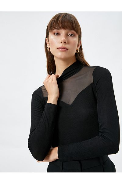 Koton Tricou cu mânecă lungă, cu guler înalt cu nervuri