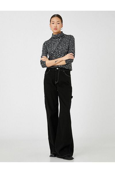 Koton Tricou cu model leopard, cu mânecă lungă, pe jumătate cu gât