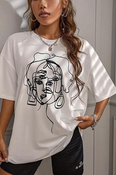 Moda Glo Tricou oversize cu imprimeu alb pentru femei