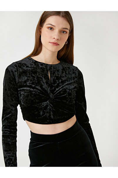 Koton Βελούδινο T-shirt Crop με μακρυμάνικο κόμπο με λεπτομέρειες