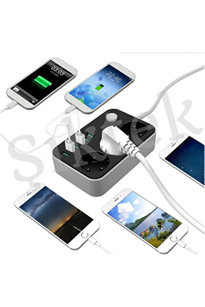 Şıktek Pratik Masa Priz USB li Priz 3 lü Priz 3 Priz 6 USB Hızlı Şarj Güçlü P...